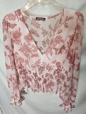 Lulumari Ruffle butterfly/floral blouse - sz L - rust print on white